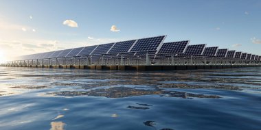 3D yüzen güneş enerjisi, yüzen volkan ya da güneş çiftliği paneldeki, dubadaki ve sudaki fotovoltaik hücreden oluşur. Elektrik ve elektrik üretimi için sistem teknolojisi. Temiz ve yeşil enerji