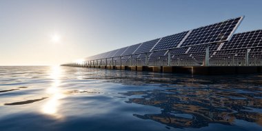 3D yüzen güneş enerjisi, yüzen volkan ya da güneş çiftliği paneldeki, dubadaki ve sudaki fotovoltaik hücreden oluşur. Elektrik ve elektrik üretimi için sistem teknolojisi. Temiz ve yeşil enerji