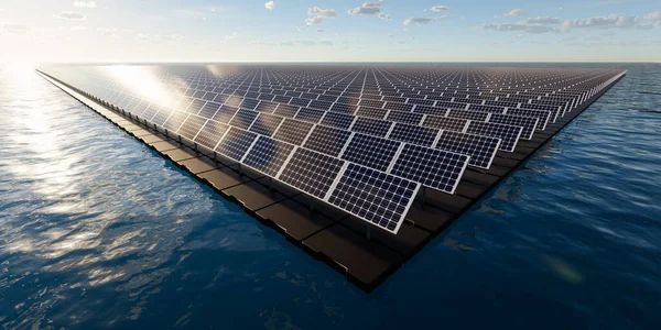 浮体式太陽光発電 浮体式太陽光発電または太陽光発電所の3Dレンダリングは パネル上の太陽電池 ポンツーン 水で構成されています 発電用システム技術 清潔で緑の電力エネルギー — ストック写真