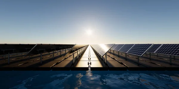 Renderização Flutuante Solar Floatovoltaica Fazenda Solar Consistem Célula Fotovoltaica Painel — Fotografia de Stock