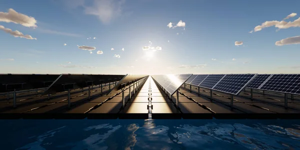 Yüzen Güneş Enerjisi Yüzen Volkan Güneş Çiftliği Paneldeki Dubadaki Sudaki — Stok fotoğraf