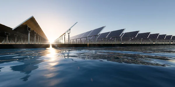 Rendering Floating Solar Floatovoltaics Solar Farm Consist Photovoltaic Cell Panel — Stock Photo, Image