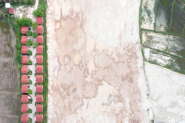 Land, field and soil backfill in aerial view. Include landscape, home house building, empty or vacant area. Real estate or property for development, construction, sale, buy in Chiang Mai of Thailand.