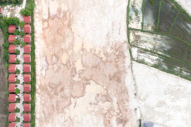 Land, field and soil backfill in aerial view. Include landscape, home house building, empty or vacant area. Real estate or property for development, construction, sale, buy in Chiang Mai of Thailand.