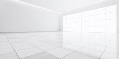 Perspektif olarak beyaz fayans zemininin 3 boyutlu yansıması, boş alan veya oda, pencereden gelen ışık. Oturma odasının modern iç tasarımı, temiz, parlak, arka plan için doku desenli..