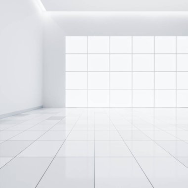 Perspektif olarak beyaz fayans zemininin 3 boyutlu yansıması, boş alan veya oda, pencereden gelen ışık. Oturma odasının modern iç tasarımı, temiz, parlak, arka plan için doku desenli..
