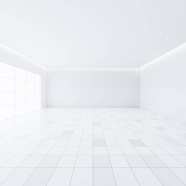Perspektif olarak beyaz fayans zemininin 3 boyutlu yansıması, boş alan veya oda, pencereden gelen ışık. Oturma odasının modern iç tasarımı, temiz, parlak, arka plan için doku desenli..