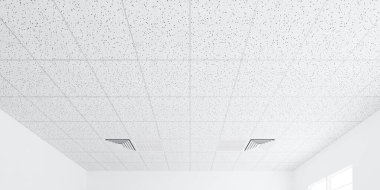 Akustik alçı taşı dokusu, klima, aydınlatma armatürü ya da panel ışığı, kare şebeke yapısı ile perspektifte beyaz tavanın 3 boyutlu görüntülenmesi. İnşa için iç tasarım.
