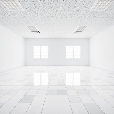 Perspektif olarak beyaz fayans zemininin 3 boyutlu yansıması, boş alan veya oda, pencereden gelen ışık. Oturma odasının modern iç tasarımı, temiz, parlak, arka plan için doku desenli..