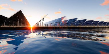 3D yüzen güneş enerjisi, yüzen volkan ya da güneş çiftliği paneldeki, dubadaki ve sudaki fotovoltaik hücreden oluşur. Elektrik ve elektrik üretimi için sistem teknolojisi. Temiz ve yeşil enerji