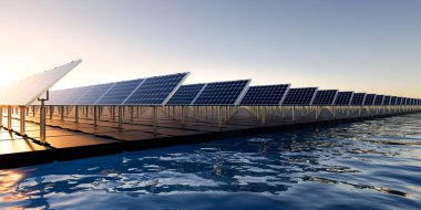 3d rendering of floating solar, floatovoltaics or solar farm consist of photovoltaic cell on panel, pontoon, water. System technology for electric, electricity generation. Clean and green power energy clipart