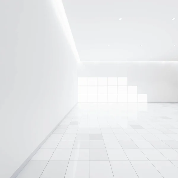 Renderização Espaço Vazio Branco Sala Piso Cerâmica Perspectiva Janela Luz — Fotografia de Stock