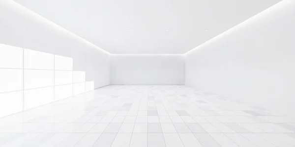 三维渲染的白色瓷砖地板的透视 空旷的空间或房间 光线从窗户 现代居室室内设计 外观整洁 表面有质感图案为背景 — 图库照片