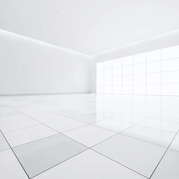 3d rendering of white tile floor in perspective, empty space or room, light from window. Modern interior home design of living room, look clean, bright, surface with texture pattern for background.