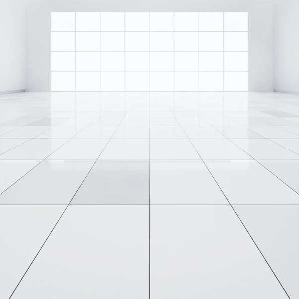 Rendering White Tile Floor Perspective Empty Space Room Light Window — Stock Photo, Image