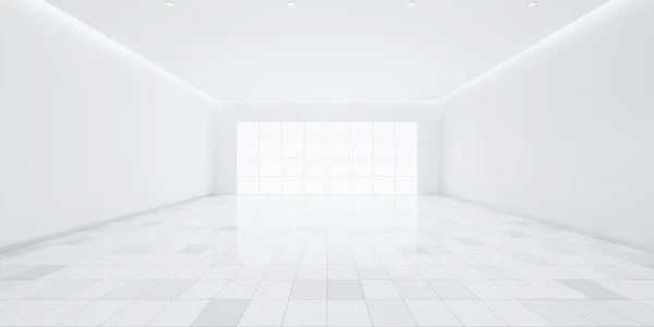 Рендеринг Белого Пола Плитки Перспективе Пустое Пространство Комната Свет Окна — стоковое фото