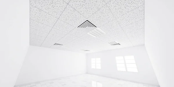 从声学石膏板 空调机 灯具或面板灯的纹理 方格结构等角度对白色天花板进行三维渲染 建筑物的室内设计 — 图库照片