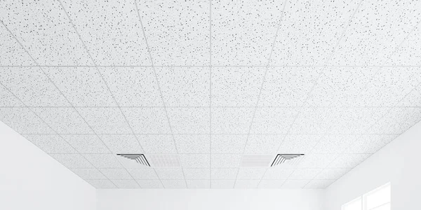 3d rendering of white ceiling in perspective with texture of acoustic gypsum board, air conditioner, lighting fixture or panel light, pattern of square grid structure. Interior design for building.