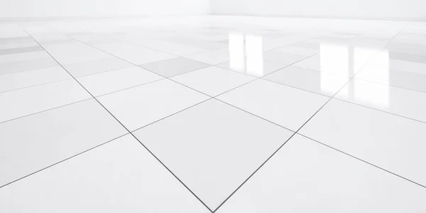 Rendering Lantai Ubin Putih Tertutup Dalam Tampilan Perspektif Ruang Kosong — Stok Foto