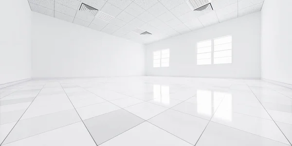 三维渲染的白色瓷砖地板的透视 空旷的空间或房间 光线从窗户 现代居室室内设计 外观整洁 表面有质感图案为背景 — 图库照片