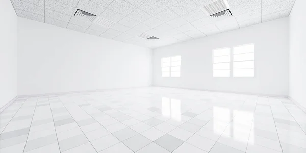 パースペクティブで白いタイルの床の3Dレンダリング 空のスペースや部屋 窓からの光 リビングルームのモダンなインテリアデザイン 背景のためのテクスチャパターンと清潔で明るく 表面を見てください — ストック写真