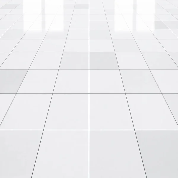 Renderowania Białej Podłogi Płytek Wzorem Tekstury Perspektywie Czysty Błyszczący Powierzchni — Zdjęcie stockowe