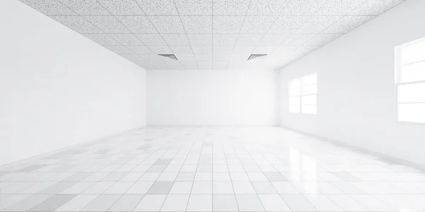 パースペクティブで白いタイルの床の3Dレンダリング 空のスペースや部屋 窓からの光 リビングルームのモダンなインテリアデザイン 背景のためのテクスチャパターンと清潔で明るく 表面を見てください — ストック写真