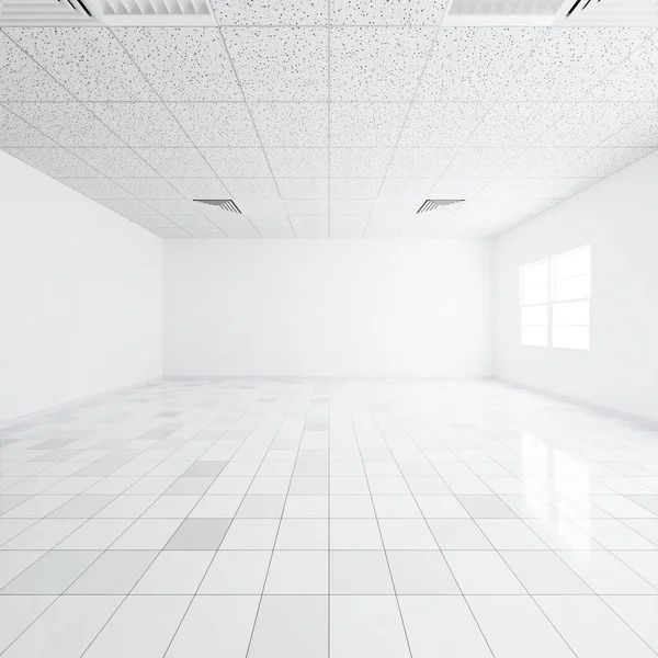 Rendering White Tile Floor Perspective Empty Space Room Light Window — Stock Photo, Image