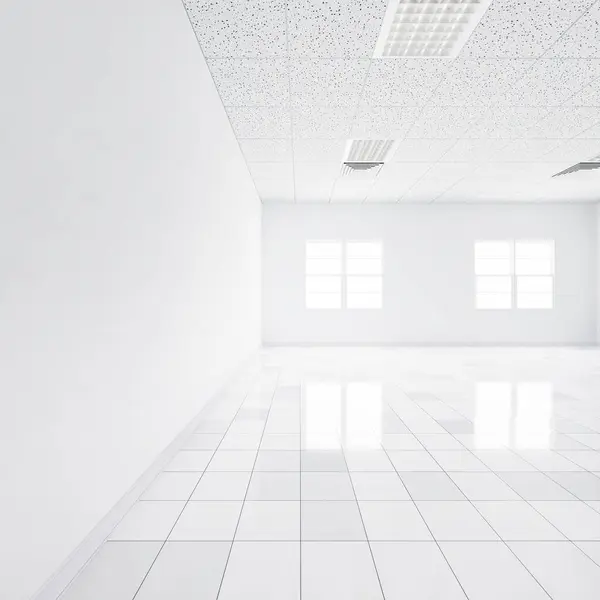 Representación Piso Baldosas Blancas Perspectiva Espacio Vacío Habitación Luz Ventana — Foto de Stock