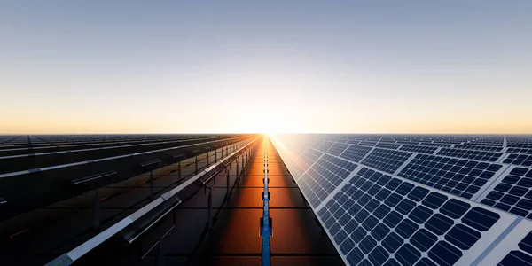 浮动太阳能 浮子或太阳能农场的三维渲染由面板上的光伏电池 水组成 发电系统技术 清洁和绿色能源 — 图库照片