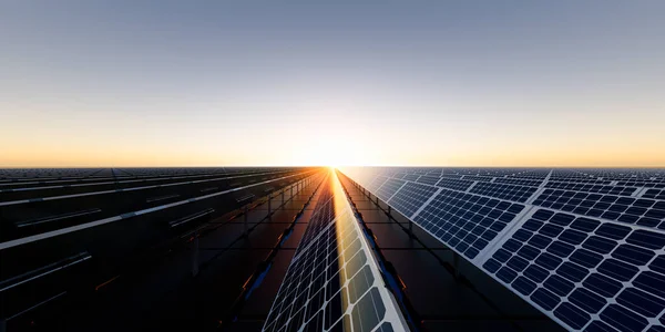 浮动太阳能 浮子或太阳能农场的三维渲染由面板上的光伏电池 水组成 发电系统技术 清洁和绿色能源 — 图库照片