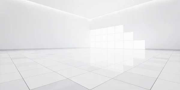 Vykreslování Bílé Dlaždice Perspektivě Prázdný Prostor Nebo Místnost Světlo Okna — Stock fotografie