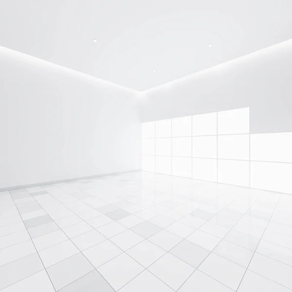三维渲染房间中的白色空隙 透视图瓷砖地板 窗玻璃和天花板条形灯 室内设计看起来干净 光泽表面 纹理图案为背景 — 图库照片