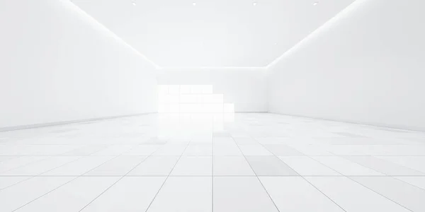 Darstellung Weißer Leerräume Raum Keramikfliesenboden Perspektivisch Fenster Und Deckenstreifenlicht Interior — Stockfoto