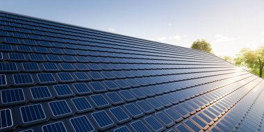 Üç boyutlu güneş veya fotovoltaik kiremitlerin ev ya da ev binasının çatısına perspektif olarak yansıtılması. Elektrik enerjisi üretmek için sistem teknolojisi veya ışık veya güneş ışığı ile doğrudan elektrik akımı.