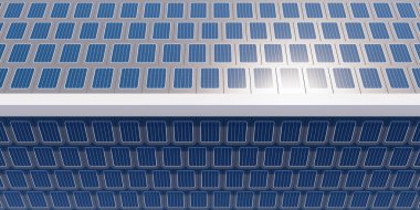 Üç boyutlu güneş veya fotovoltaik kiremitlerin ev ya da ev binasının çatısına perspektif olarak yansıtılması. Elektrik enerjisi üretmek için sistem teknolojisi veya ışık veya güneş ışığı ile doğrudan elektrik akımı.