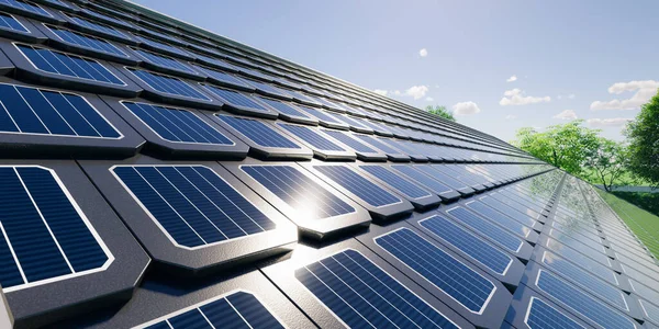 家や家の建物の屋根の上の視点で太陽や太陽光発電シングルの3Dレンダリング 光又は太陽光による電気の発電又は直流の発電のための装置技術 — ストック写真