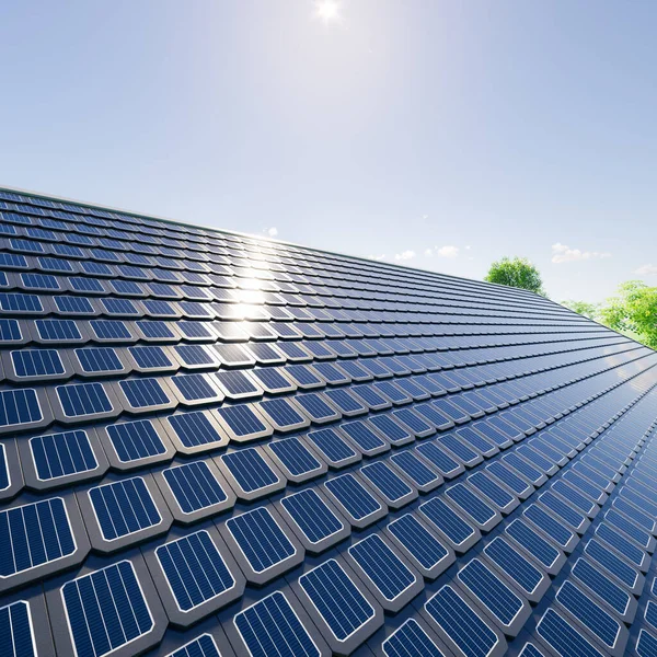 Rendering Von Solar Oder Photovoltaik Schindeln Perspektive Auf Hausdächern Oder — Stockfoto
