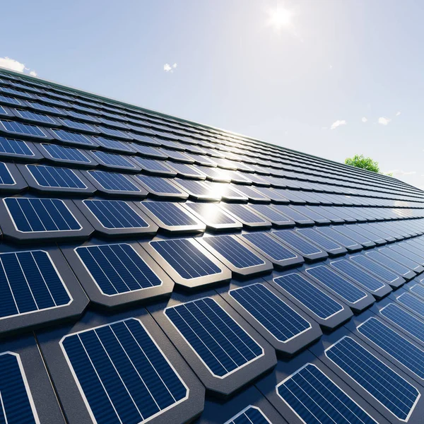 Rendering Tegole Solari Fotovoltaiche Prospettiva Sul Tetto Case Edifici Tecnologia — Foto Stock