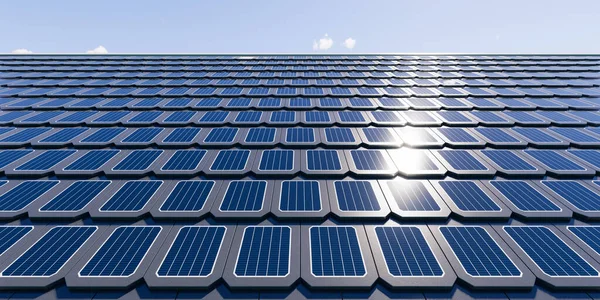 Rendering Van Zonne Energie Fotovoltaïsche Gordelroos Perspectief Dak Van Huis — Stockfoto