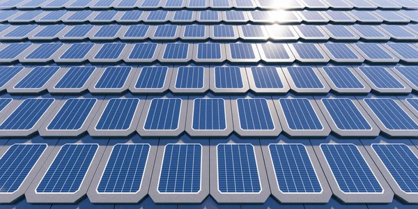 Boyutlu Güneş Veya Fotovoltaik Kiremitlerin Binasının Çatısına Perspektif Olarak Yansıtılması — Stok fotoğraf