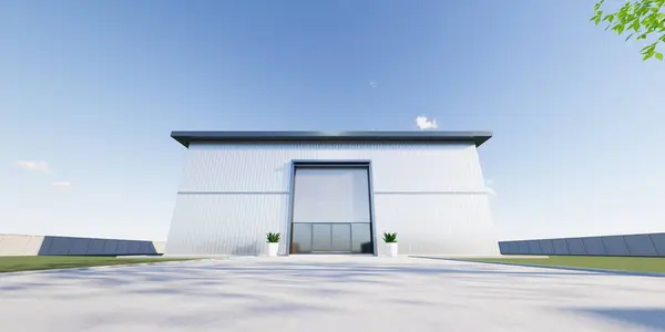 3d rendering of exterior of commercial building design. May called modern factory, warehouse, shop or store. Include metal door or roller shutter, space on concrete floor for industrial background.