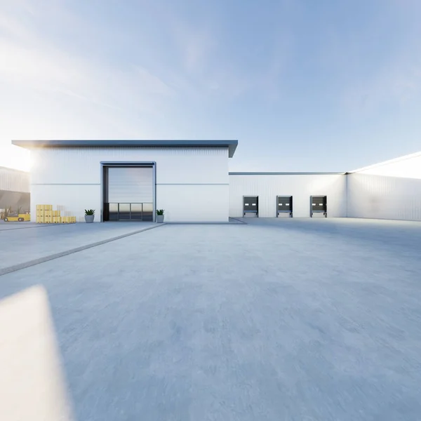 配送中心 仓库外部的三维渲染 包括压路机 叉车和水泥地板上的空间 用于工业背景和物流概念 进出口 — 图库照片