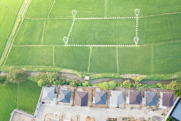 Land plot in aerial view. Identify registration symbol of vacant area for map. Real estate or property for business of home, house or residential i.e. construction, development, sale, rent, buy.