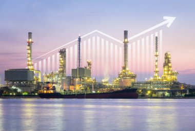 Oil gas refinery or petrochemical plant. Include arrow, graph or bar chart. Increase trend or growth of production, market price, demand, supply. Concept of business, industry, fuel, power energy.