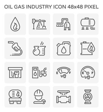 Petrol endüstrisi vektör simgesi. Küresel araştırma, çıkarma ve arıtma süreci. Petrol tankeri, boru ya da boru hattıyla nakledilecek. Petrol ürünleri, benzin istasyonu hizmetleri ve işçiler dahil. 48x48 px.