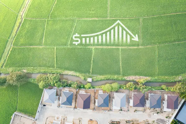 Land Landscape Green Field Aerial View Include House Building Bar — Stock Photo, Image