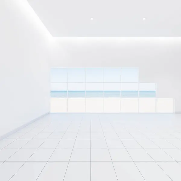 Rendering White Empty Room Ceramic Tile Floor Perspective Sea Beach — Stock Photo, Image