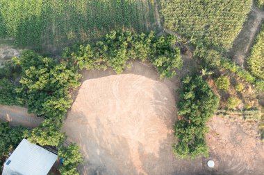 Land and soil backfill in aerial view. Include landscape, empty or vacant area at outdoor. Real estate or property for small plot, sale, rent, buy, purchase, mortgage and investment in Nan, Thailand. clipart