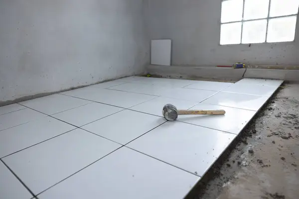 Tile Floor Construction Interior Include Mallet Tool Concrete Mortar Cement — Stock Photo, Image